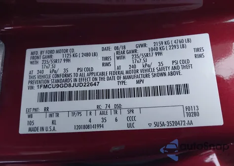 2018 Ford Escape Se from USA, damaged, VIN 1FMCU9GD8JUD22647